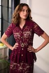 Buy_Label Deepika Nagpal_Burgundy Lace, Mesh Studs Collared Opera Peplum Top And Midi Skirt Set _Online_at_Aza_Fashions