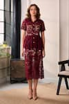 Shop_Label Deepika Nagpal_Burgundy Lace, Mesh Studs Collared Opera Peplum Top And Midi Skirt Set _Online_at_Aza_Fashions