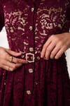 Buy_Label Deepika Nagpal_Burgundy Lace, Mesh Studs Collared Opera Peplum Top And Midi Skirt Set 