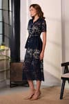 Label Deepika Nagpal_Navy Mesh Lace, Sequins Collared Opera Peplum Top And Midi Skirt Set _Online_at_Aza_Fashions