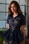 Buy_Label Deepika Nagpal_Navy Mesh Lace, Sequins Collared Opera Peplum Top And Midi Skirt Set _Online_at_Aza_Fashions