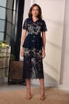 Shop_Label Deepika Nagpal_Navy Mesh Lace, Sequins Collared Opera Peplum Top And Midi Skirt Set _Online_at_Aza_Fashions