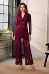 Label Deepika Nagpal_Red Mesh Piping, Lace, Studs Lydia Blazer And Pant Set _at_Aza_Fashions