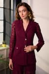 Shop_Label Deepika Nagpal_Red Mesh Piping, Lace, Studs Lydia Blazer And Pant Set 