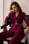 Label Deepika Nagpal_Burgundy Mesh, Lace, Crepe Embroidery, Metallic Leah Opera Blazer And Pant Set _Online_at_Aza_Fashions