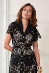 Buy_Label Deepika Nagpal_Black Mesh Embroidery Collared, V-neck Wreya Dress With Belt _Online_at_Aza_Fashions