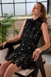 Shop_Label Deepika Nagpal_Black Mesh Metallic Thread, Lace Collared Soma Embroidered Short Dress _Online_at_Aza_Fashions