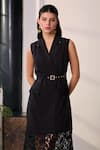 Label Deepika Nagpal_Black Crepe, Mesh Lace, Embroidery, Studs V-neck Astrid Blazer Dress With Belt _Online_at_Aza_Fashions