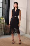 Buy_Label Deepika Nagpal_Black Crepe, Mesh Lace, Embroidery, Studs V-neck Astrid Blazer Dress With Belt _at_Aza_Fashions