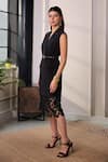 Label Deepika Nagpal_Black Crepe, Mesh Lace, Embroidery, Studs V-neck Astrid Blazer Dress With Belt _at_Aza_Fashions