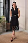 Buy_Label Deepika Nagpal_Black Crepe, Mesh Lace, Embroidery, Studs V-neck Astrid Blazer Dress With Belt 