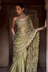 Lashkaraa_Green Tissue, Crepe Embroidery, Zari, Sequins, Mirrors Pre-draped Saree And Blouse _at_Aza_Fashions