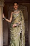 Buy_Lashkaraa_Green Tissue, Crepe Embroidery, Zari, Sequins, Mirrors Pre-draped Saree And Blouse 