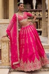 Buy_Lashkaraa_Fuchsia Silk, Net Zari, Mirrors, Embroidery V-neck Lehenga Set _at_Aza_Fashions