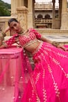 Lashkaraa_Fuchsia Silk, Net Zari, Mirrors, Embroidery V-neck Lehenga Set _Online_at_Aza_Fashions