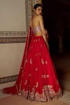 Lashkaraa_Red Silk, Net Embroidery, Zari, Mirrors, Sequins Halter Neck Lehenga Set _Online_at_Aza_Fashions