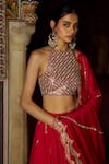 Shop_Lashkaraa_Red Silk, Net Embroidery, Zari, Mirrors, Sequins Halter Neck Lehenga Set _Online_at_Aza_Fashions