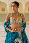 Buy_Lashkaraa_Teal Silk, Net Embroidery, Sequins, Mirrors, Zari Sweetheart Neck Lehenga Set _Online_at_Aza_Fashions
