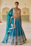 Buy_Lashkaraa_Teal Silk, Net Embroidery, Sequins, Mirrors, Zari Sweetheart Neck Lehenga Set _at_Aza_Fashions
