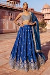 Buy_Lashkaraa_Blue Satin, Silk, Net Embroidery, Mirrors Halter Neck Lehenga Set _at_Aza_Fashions