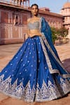 Shop_Lashkaraa_Blue Satin, Silk, Net Embroidery, Mirrors Halter Neck Lehenga Set _Online_at_Aza_Fashions