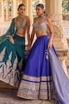 Shop_Lashkaraa_Blue Viscose, Crepe, Dupion Embroidery, Sequins, Zari, Beads Square Lehenga Set 