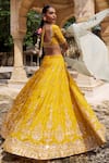 Shop_Lashkaraa_Yellow Viscose, Silk Sequins, Zari, Mirrors, Embroidery V-neck Lehenga Set 