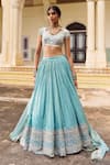 Buy_Lashkaraa_Mint Brocade, Silk, Satin Embroidery, Mirrors, Zari V-neck Lehenga Set _at_Aza_Fashions