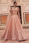 Lashkaraa_Beige Silk, Net Embroidery, Mirrors, Sequins Sweetheart Neck Lehenga Set _at_Aza_Fashions