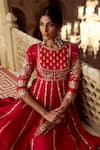 Shop_Lashkaraa_Red Silk, Brocade Embroidery, Sequins, Zari Round Neck Anarkali Set With Dupatta _Online_at_Aza_Fashions
