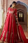 Lashkaraa_Red Silk, Brocade Embroidery, Sequins, Zari Round Neck Anarkali Set With Dupatta _at_Aza_Fashions