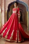 Buy_Lashkaraa_Red Silk, Brocade Embroidery, Sequins, Zari Round Neck Anarkali Set With Dupatta _at_Aza_Fashions