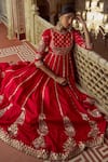 Shop_Lashkaraa_Red Silk, Brocade Embroidery, Sequins, Zari Round Neck Anarkali Set With Dupatta 