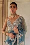 Shop_Lashkaraa_Teal Silk Embroidery, Beads, Sequins, Metallic Thread Pre-draped Saree And Blouse _Online_at_Aza_Fashions