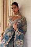 Lashkaraa_Teal Silk Embroidery, Beads, Sequins, Metallic Thread Pre-draped Saree And Blouse _at_Aza_Fashions