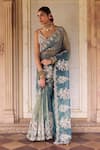Buy_Lashkaraa_Teal Silk Embroidery, Beads, Sequins, Metallic Thread Pre-draped Saree And Blouse 