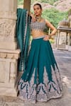 Shop_Lashkaraa_Teal Silk Embroidery, Zari, Sequins, Mirrors Square Neck And Lehenga Set _Online_at_Aza_Fashions