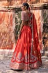 Lashkaraa_Orange Viscose, Silk Embroidery, Zari, Sequins, Beads V-neck Lehenga Set _Online_at_Aza_Fashions