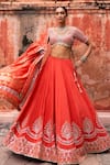 Lashkaraa_Orange Viscose, Silk Embroidery, Zari, Sequins, Beads V-neck Lehenga Set _at_Aza_Fashions