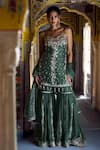 Buy_Lashkaraa_Green Satin Embroidery, Sequins, Zari, Beads Kurta Gharara And Dupatta Set _at_Aza_Fashions