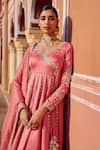 Buy_Lashkaraa_Coral Silk Sequins, Zari, Mirrors, Embroidery V-neck Anarkali With Dupatta _Online_at_Aza_Fashions