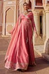 Shop_Lashkaraa_Coral Silk Sequins, Zari, Mirrors, Embroidery V-neck Anarkali With Dupatta _Online_at_Aza_Fashions