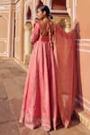 Lashkaraa_Coral Silk Sequins, Zari, Mirrors, Embroidery V-neck Anarkali With Dupatta _Online_at_Aza_Fashions