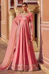 Buy_Lashkaraa_Coral Silk Sequins, Zari, Mirrors, Embroidery V-neck Anarkali With Dupatta _at_Aza_Fashions