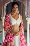 Shop_Lashkaraa_White Georgette, Modal, Silk, Satin Lucknowi Lehenga With Bandhani Dupatta _Online_at_Aza_Fashions