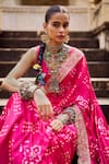 Buy_Lashkaraa_Fuchsia Modal, Gingham Sequins, Zari, Bandhani Pre-draped Saree And Blouse _Online_at_Aza_Fashions