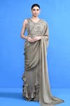 Buy_Sayisha_Gray Chinon, Chiffon, Net Embroidery, Ruffle Pre-draped Saree With Blouse _at_Aza_Fashions