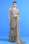 Buy_Sayisha_Gray Chinon, Chiffon, Net Embroidery, Ruffle Pre-draped Saree With Blouse 