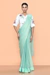Buy_Sayisha_Mint Chiffon, Cotton Embroidery, Sequins Shimmer Pre-draped Saree With Blouse _at_Aza_Fashions
