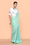 Sayisha_Mint Chiffon, Cotton Embroidery, Sequins Shimmer Pre-draped Saree With Blouse _Online_at_Aza_Fashions